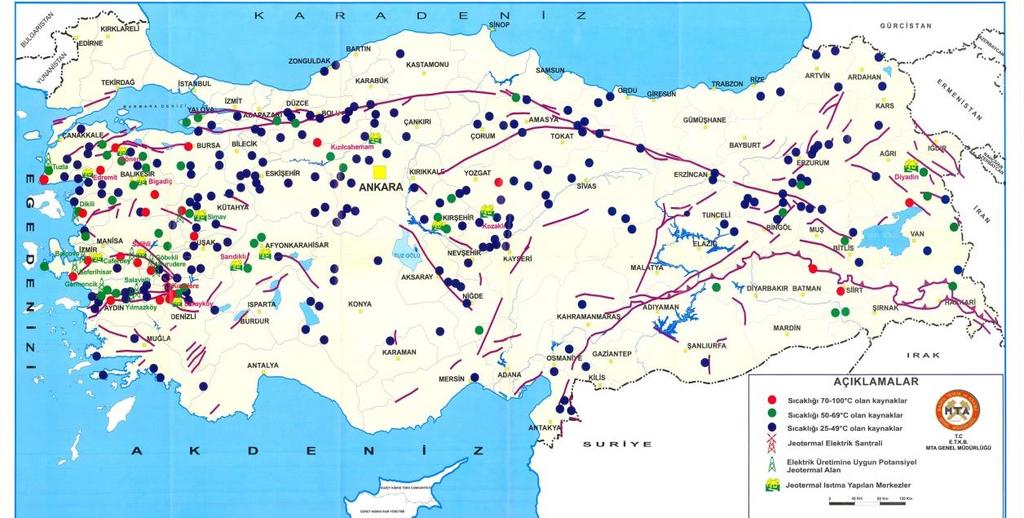 Harita 2: Türkiye de Bulunan Jeotermal Kaynaklar Kaynak: Maden Teknik Arama (MTA) 1.