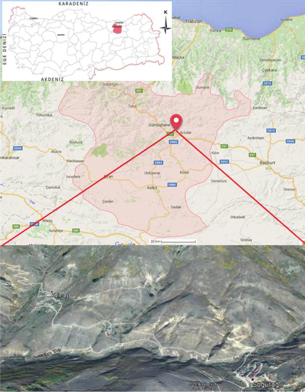 4 Maden ve Yiğit / Yerbilimleri, 2017, 38 (1), 1-14 Şekil 1. Çalışma alanının yer bulduru haritası. Figure 1. Location map of the study area.