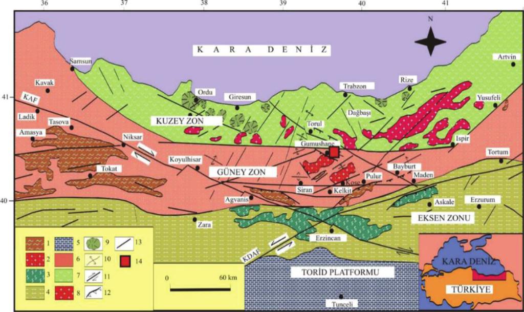 Maden ve Yiğit / Yerbilimleri, 2017, 38 (1), 1-14 5 Şekil 2. Doğu Pontidler in başlıca tektonik ve litolojik birlikleri.