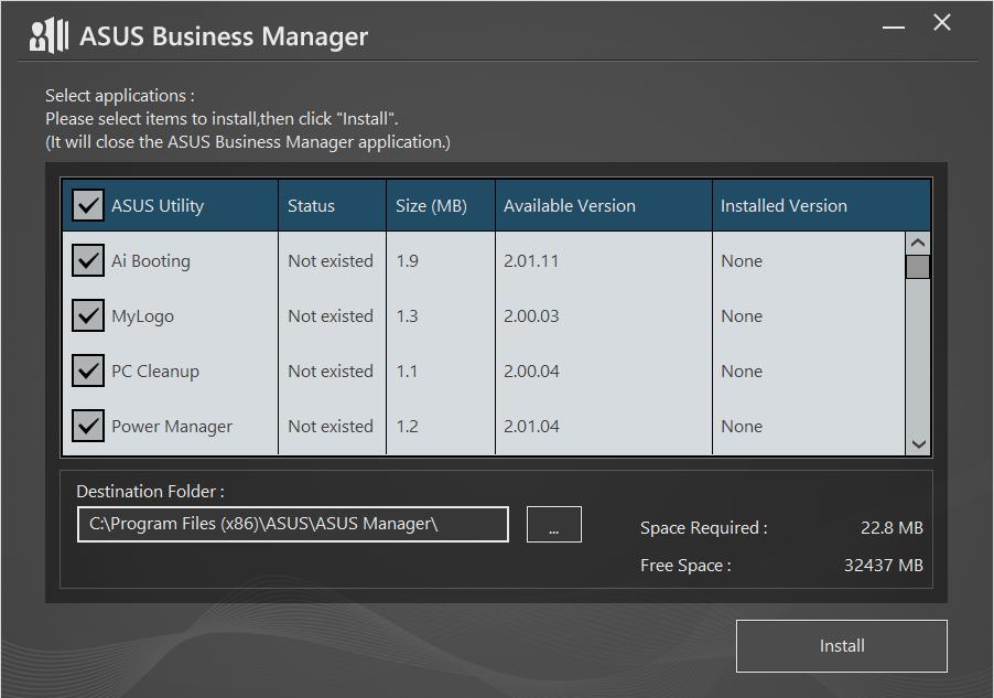 Destek CD si penceresinde Utilities (Yardımcı Programlar) > ASUS Business Manager öğesine tıklayın. 3.