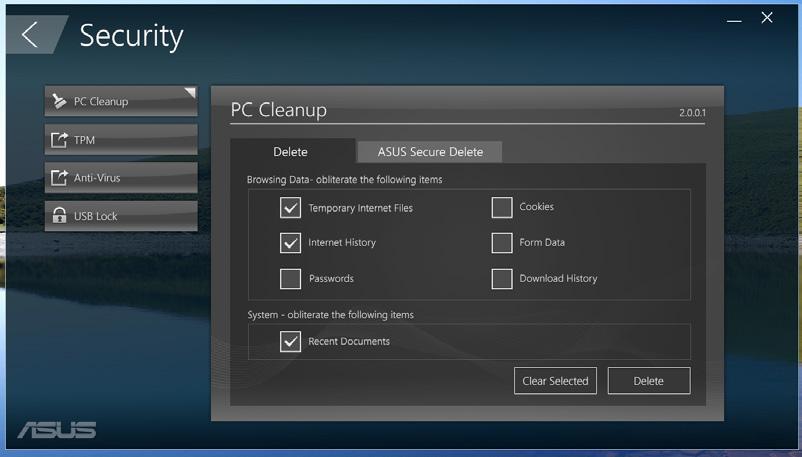 Güvenlik PC Cleanup ve USB Lock yardımcı programlarına erişmek için, ana ASUS Manager ekranında Security (Güvenlik)