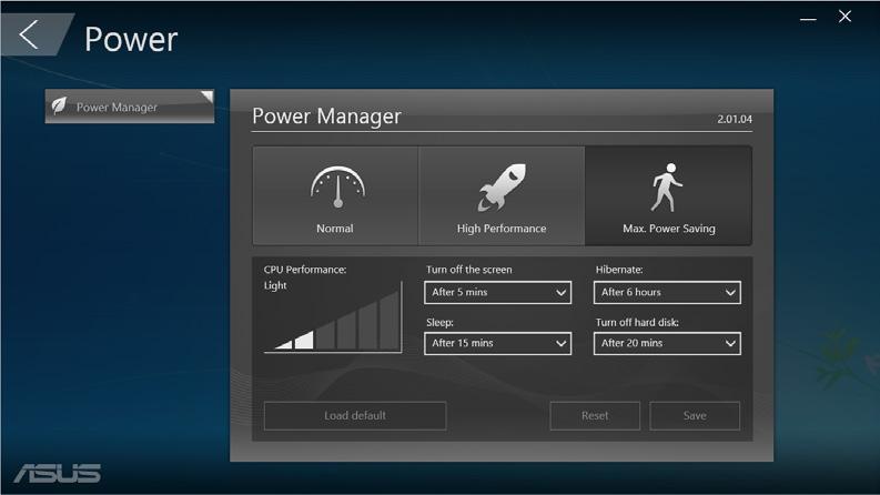 Güç Güç yönetimini yapılandırmak için, ana ASUS Manager ekranında Power (Güç) öğesine tıklayın.