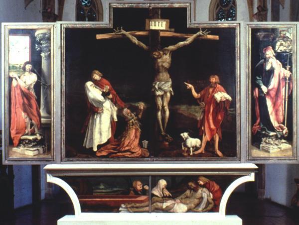 Altar Panosu (Altarpiece) Merkez panoda ana konu, iki yan panoda birer aziz, üst bölümde Meryem e Müjde sahnesi.