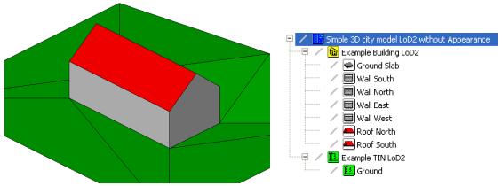 (a) (b) Şekil 5. 12 LoD2 de CityGML bina modeli: (a) 3B grafik ve (b) model hiyerarşisi [9] LoD2 örneğinde (Şekil 5.