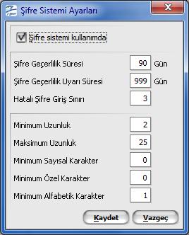 Şifre Sistemi Ayarları j-guar Kullanıcı şifrelerinin süre bilgilerine göre uyarı ve değişiklik işlemleri, Sistem İşletmeni Programı ana menüsünde Diğer Tanımlar menüsü altında İşlemler seçeneğinde