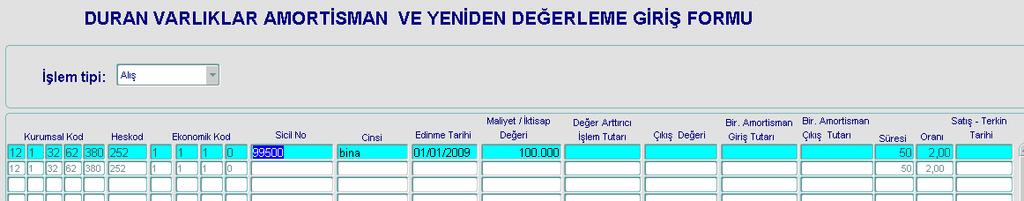 000 YTL lik limiti aştığı için uyarı mesajında EVET butonuna tıklanır. - Ekrana, aşağıdaki gösterilen duran varlık amortisman ve yeniden değerleme giriş formu gelir.