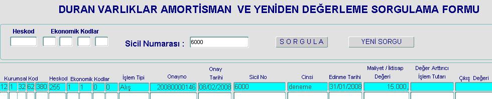 oluşturulmamış demirbaşların, düzeltme kaydı ile amortisman kart bağlantısı sağlanmış olur. Aşağıda, ilgili demirbaşlardan birisinin amortisman kartındaki durumu görülmektedir.