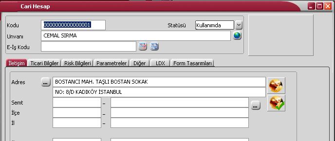 Cari Hesap İletişim Bilgileri Adres Bilgileri: Cari hesap adres bilgileri adres, semt, ilçe, il, ülke, posta kodu, telefon ve faks numarası alanlarından kaydedilir.