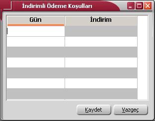 İndirimli Ödeme Koşulları İndirimli ödemelerde geçerli olacak indirim oranları ödeme gününe göre tanımlanabilir.