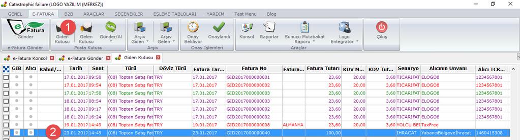 Faturalar 1300 durum kodu aldığında Gümrük Bakanlığı na iletilmiş olacaktır. Gümrük Bakanlığından gönderilen sistem yanıtı içerisinde 23 haneli referans numarası bulunmaktadır.