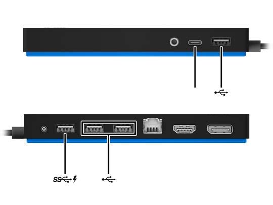 USB aygıtlarını bağlama Yerleştirme istasyonunda beş adet USB bağlantı noktası bulunur: arka panelde bir adet USB 3.0 ve iki adet USB 2.