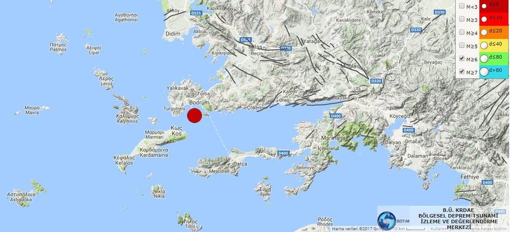 Gökova Körfezi- Akdeniz de yerel saat ile 01:31 de aletsel büyüklüğü Mw=6.6 (Ml=6.2) olan şiddetli bir deprem meydana gelmiştir.