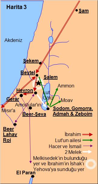 Daha sonra Avram Beytel yakınına gider ve oradan Yahve ye yakarır. Kenan ülkesindeki kıtlık yüzünden geçici bir süre için Mısır a gider. Firavun (Avram ı zengin ederek) Saray ı almaya çalışır.