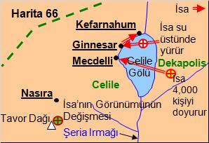 205 İsa elçilerini Ginnesar a gönderdikten sonra dua etmek için dağa çıkar. Sonra suyun üstünde yürüyerek karşı yakaya geçmekte olan elçilerinin yanına gelir.