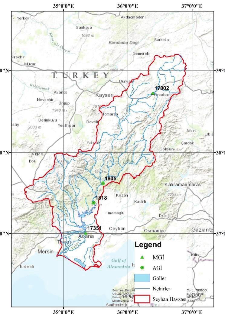 Seyhan havzası aylık ortalama akım ve yağış verilerinin trend analizi Çalışma Alanı Bu çalışmada, Şekil 1 de gösterilen Seyhan Havzası na ait 17351 Adana ve 17802 Pınarbaşı MGİ na ait aylık toplam