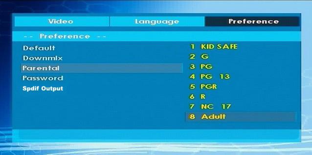 Preferences SPDIF OUTPUT DEFAULT If you choose RESET and press OK, the factorypresets are loaded. Parental level and parental password does not change.