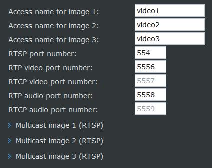 RTSP streaming Multicast image 1-3 (RTSP multicast görüntü 1-3 için ayarları konfigüre etmek için maddelere tıklayın. Access name for image 1-3 Görüntü 1-3 için veri adını yazın.