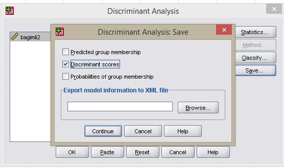Ek Analizler-Diskriminant Analiz Yanda açılan Save ekranında Diskriminant