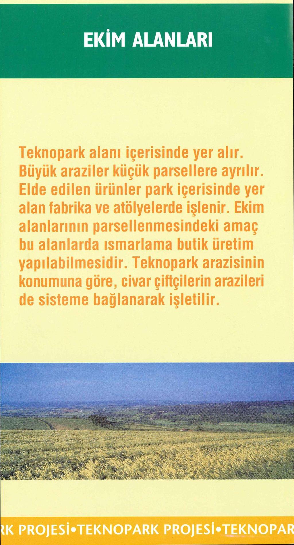 EKİM ALANLARI Teknopark atanı içerisinde yer aiır. Büyük araziier küçük parsellere ayrılır. Elde edilen ürünler park içerisinde yer alan fabrika ve atölyelerde işlenir.