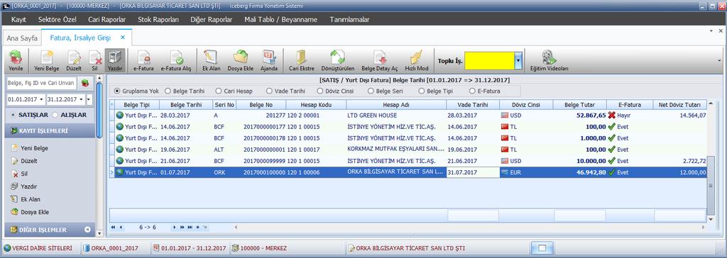 Fatura kayıt edildiğinde otomatik İhracat bilgileri ekran gelir.