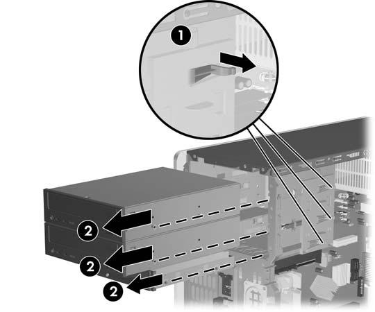 b. Bir disket sürücü çıkarıyorsanız, veri (1) ve güç (2) kablolarını sürücünün arkasından çıkarın. Şekil 2-16 Disket Sürücüsü Kablolarını Çıkarma 7.