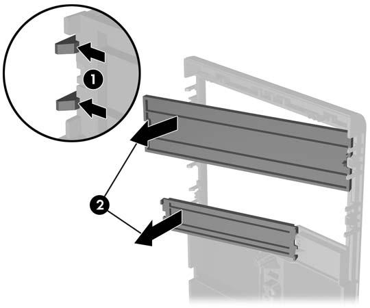 5. Gerekirse ilgili sürücü ön çerçeve kapağını iki sabitleme tırnağını ön çerçevenin sol dış tarafına doğru bastırarak (1) ve ön çerçeve kapağını çıkarmak üzere içe doğru bastırarak (2) ön çerçeveden
