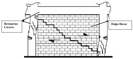 Şekil 2.25 : Kayma gerilmesi sonucu duvarda oluşan kesme çatlakları [36].