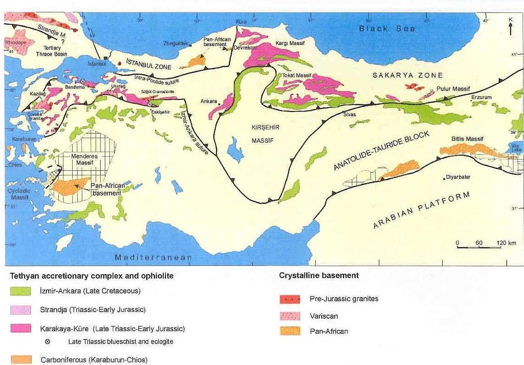 Okay ve Tüysüz (1999), yaptıkları çalışmada, güneyde Anatolid-Torid Bloğu ve kuzeyde Istranca ve İstanbul zonları ile sınırlanan, D-B uzanımlı olan ve yaklaşık 1500 km uzunluğunda, 120 km