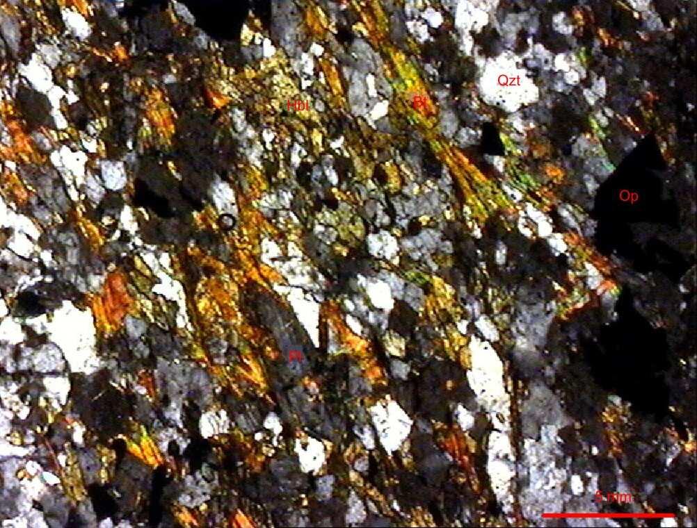 biyotit, klorit ana mineralleri ile daha az oranda titanit ± epidot (az) ve aksesuar apatit, rutil ve opak minerallerden oluşmaktadır.