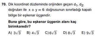 LYS 07 MATEMATİK ÇÖZÜMLERİ Bir dikdörtgenin alanı. br dir. 9 tane dikdörtgen var sa tüm alan 8 br dir. d doğrusu bu alanı ikiye ayırıyorsa ayırdığı kısımlar 9'ar br dir.