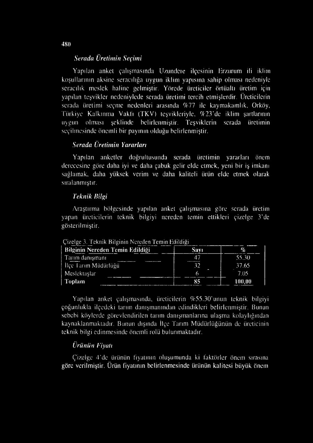 Üreticilerin serada üretimi seçme nedenleri arasında %77 ile kaymakamlık, Orköy, Türkiye Kalkınma Vakfı (TKV) teşvikleriyle, %23 de iklim şartlarının uygun olması şeklinde belirlenmiştir.