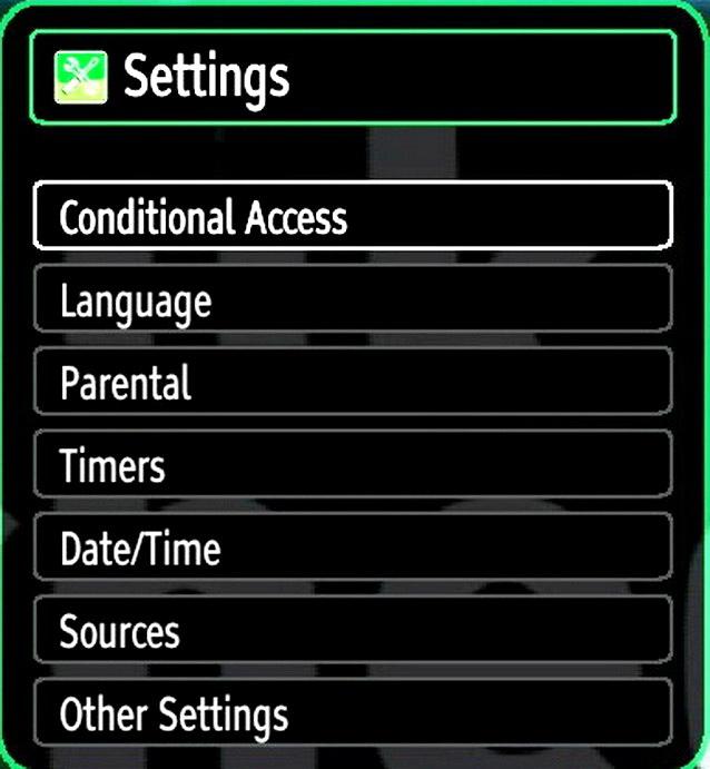 Configuring Your TV s Settings Detailed settings can be configured to suit your personal preferences. Press MENU button and select Settings ikon by using or button.