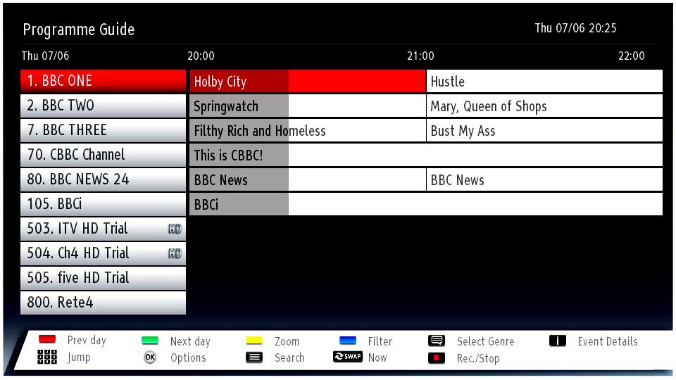 Electronic Programme Guide (EPG) Some, but not all channels send information about the current and next programmes. Press the GUIDE button to view the EPG menu. Up/Down/Left/Right: Navigate EPG.
