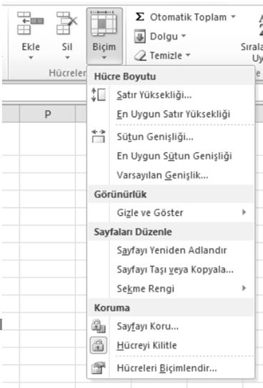 güvenliğiyle ilgili eylemlerin gerçekleştirildiği düğme Hücreler Grubundaki Biçim düğmesidir.