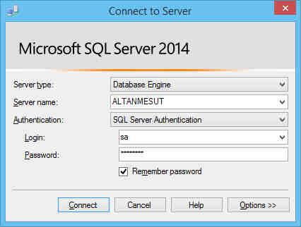 SQL Server Authentication ile veritabanına bağlanma Server Typeile veritabanıdışında, analiz, raporlama ve entegrasyon