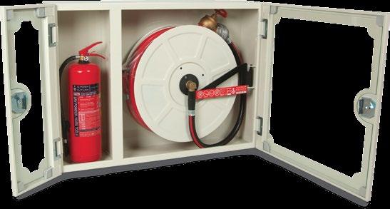 These models have a cabinet for a 6 kg or 12 kg fire extinguisher, Water supply is at reel center, Hose drum is RAL 3001 red electrostatic powder painted, Fire hose cabinets are painted in two