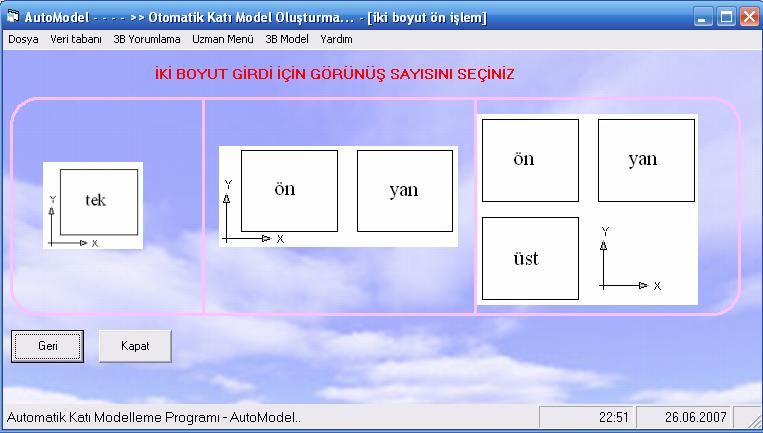 182 2B lu girdinin görünüş sayısı tercih edilmektedir. Girdi görünüş sayısı tercih edildiği zaman, girdi sayısı veri tabanına kaydedilir ve otomatik olarak AutoCAD çizim sayfası açılır (Şekil 10.4).