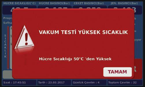 Buhar boşaltma süresi aşıldığında, Çalışma sırasında kapak kilidi çözüldüğünde, Sıcaklık ve basınç sensörü arızasında, Isıtıcı arızasında, Hava dedektörü arızasında, Vakum sisteminde kaçak olduğunda,