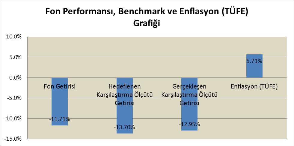 BÖLÜM E: FON PERFORMANSINA İLİŞKİN BİLGİLER 01 Ocak 2015 31 Aralık 2015 tarihleri aralığında fonun birim pay değeri (%11,71) azalış göstermiş olup, aynı dönemde Fon un hedeflenen karşılaştırma ölçütü