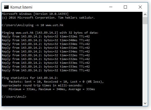 Komut ekranından ping n 10 www.ust.hk komutunu çalıştırınız. Şekil 1. Kaynak ve hedef IP adresleri nelerdir? (Kaynak IP: 192.168.1.4), (Hedef IP: 143