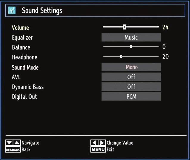 Operating Sound Settings Menu Items Press or button to highlight a menu item. Use or button to set an item. Press MENU button to exit. Sound Settings Menu Items Volume: Adjusts volume level.