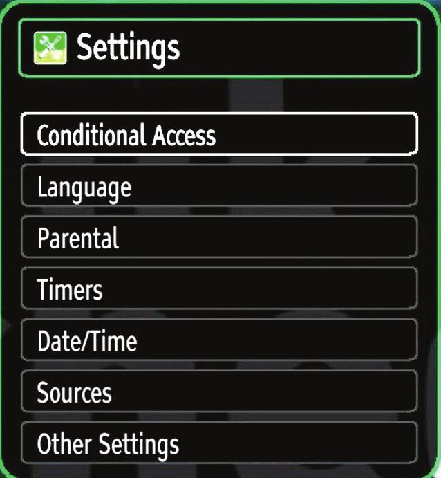 Configuring Your TV s Settings DetaiLCD settings can be confi gured to suit your personal preferences. Press MENU button and select Settings icon by using or button.