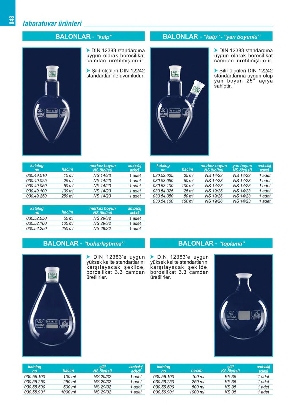 043 laboratuvarürünleri B A L O N L A R - kalp > DIN 12383 standardına uygun olarak borosilikat camdan üretilm işlerdir. > Şilif ölçüleri DIN 12242 standartları ile uyumludur.