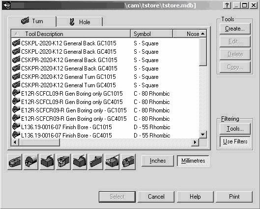 2: Kesici takım seçmek için kullanılacak menüler Takım listesini Use Filteres düğmesini kullanarak filtre ederek sınırlandırabilirsiniz.