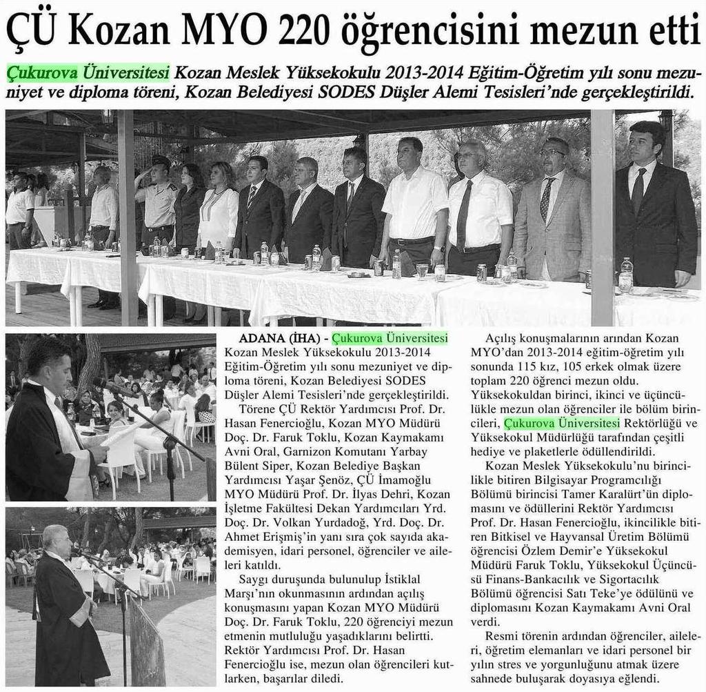 ÇÜ KOZAN MYO 220 ÖGRENCISINI MEZUN ETTI Yayın Adı : Adana Güney Haber