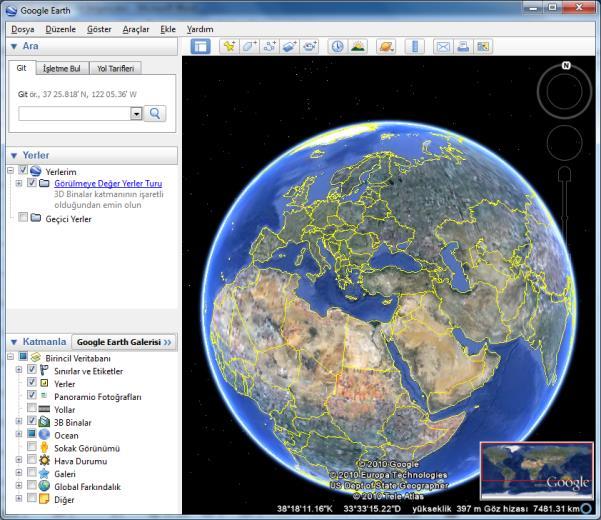 Sanal Küre Uygulamaları - Google Earth Tüm Dünya'nın uydularından çekilmiş değişik çözünürlükteki fotoğrafların görüldüğü, Google Labs tarafından satın alınan Keyhole adlı şirketin geliştirdiği bir