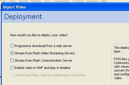 1. Progressive download from a web server - This is what we are going to use for this tutorial, the SWF file will load the video from an external FLV file at runtime and will not embed anything in