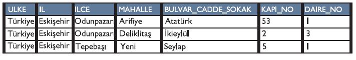 INSERT INTO ADRES VALUES ('Türkiye', 'Eskişehir', 'Tepebaşı', 'Yeni', 'Seylap', 5,1); veya INSERT INTO ADRES (ULKE, IL, ILCE, MAHALLE, BULVAR_CADDE_SOKAK, KAPI_NO, DAIRE_NO)