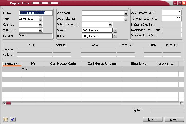 için kullanılır. Dağıtım Emri Bilgileri Dağıtım işlemlerine ait bilgiler dağıtım emirleri ile kaydedilir. Yeni tanı için dağıtım emirleri listesinde "Ekle" seçeneği kullanılır.