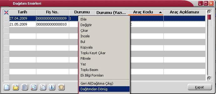 Dağıtımdan Dönüş Bilgileri Dağıtım işleminin tamamlanması yani dağıtım aracının boşaltılması işlemine ait bilgiler Dağıtım emirleri listesinde F9/sağ fare düğmesi menüsündeki Dağıtımdan Dönüş